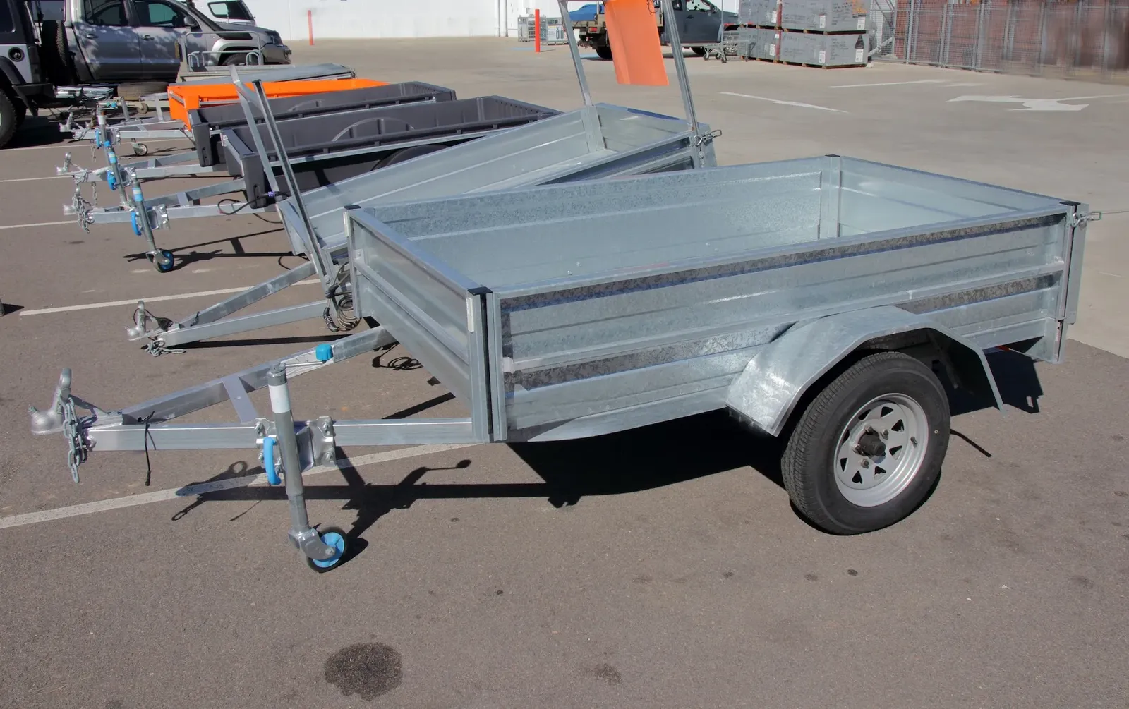 Galvanised box trailers lined up ready for box trailer hire in Marulan