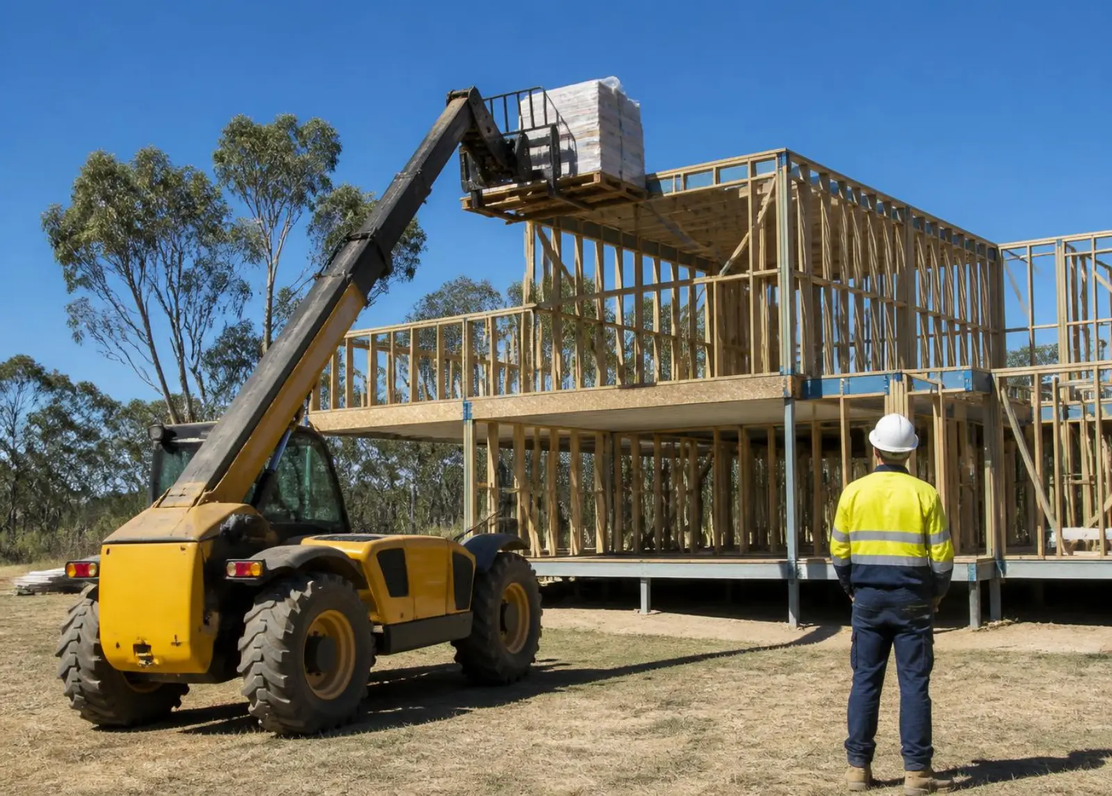 Telehandler lifting a pallet of building materials to the upper floor of a rural house frame